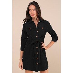 Lulus Simple Affection Black Corduroy Mini Dress With Pockets - Size S